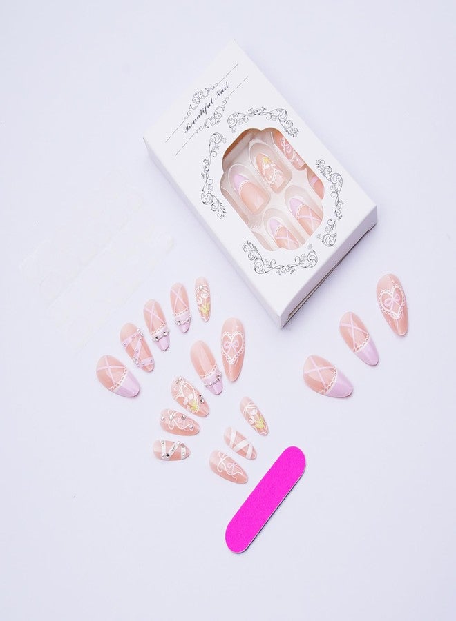 KKUUOO Pink Press on Nails, Almond Fake Nails, Rhinestone Glossy False Nail for Women Nails Manicure Decoration, Full Cover Acrylic Stick on Nail with Bowknot Love 3D Pearl Designs 24Pcs - Image 4